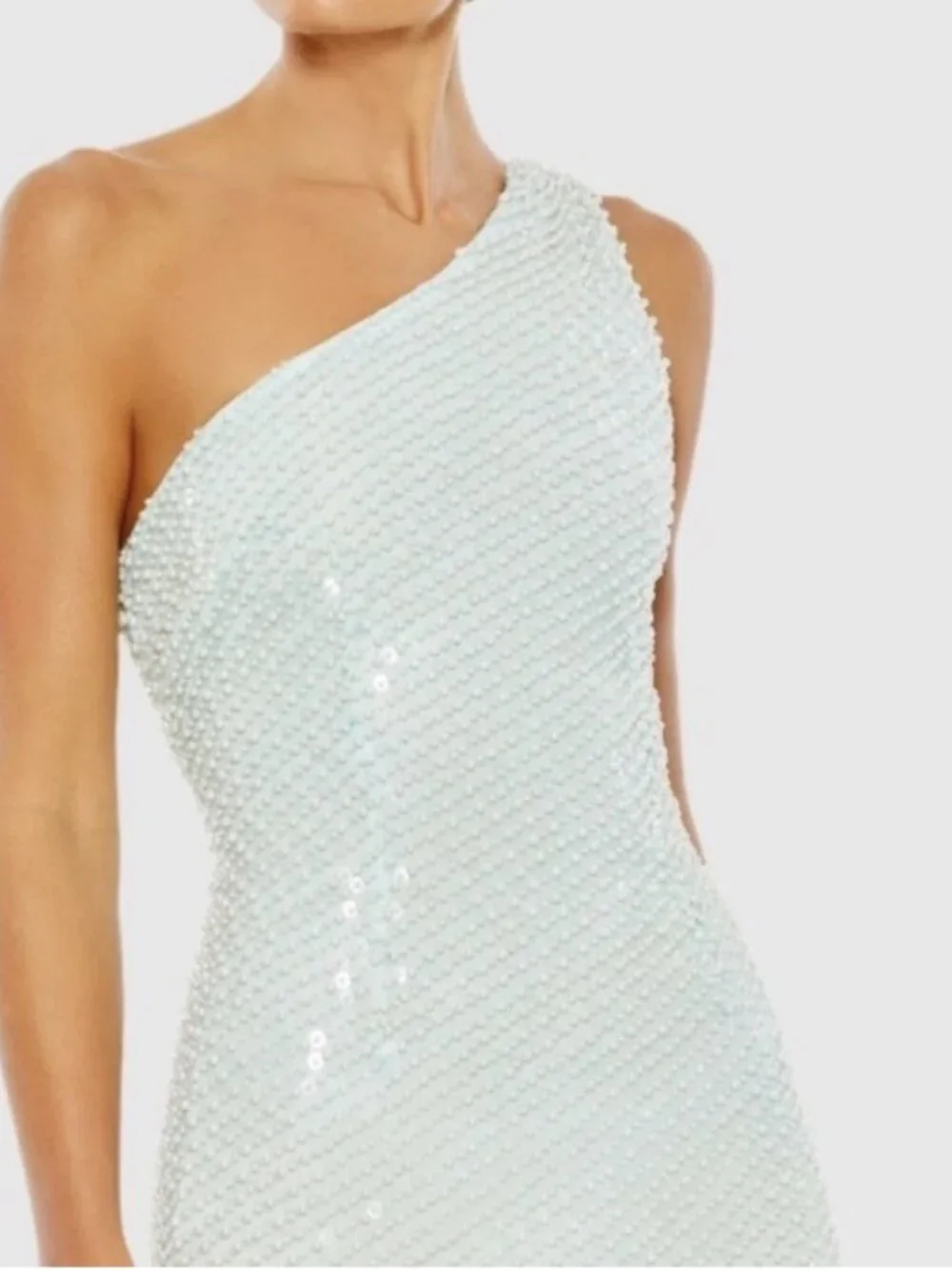 Mac Duggal One-Shoulder High-Low Sequin Dress in Light Aqua